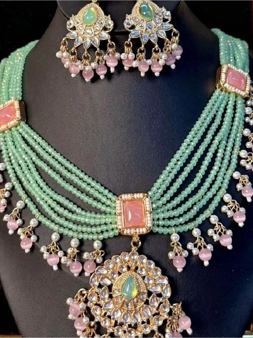 Gold-Tone Mint and Pink Multi-Strand Statement Necklace with Matching Earrings